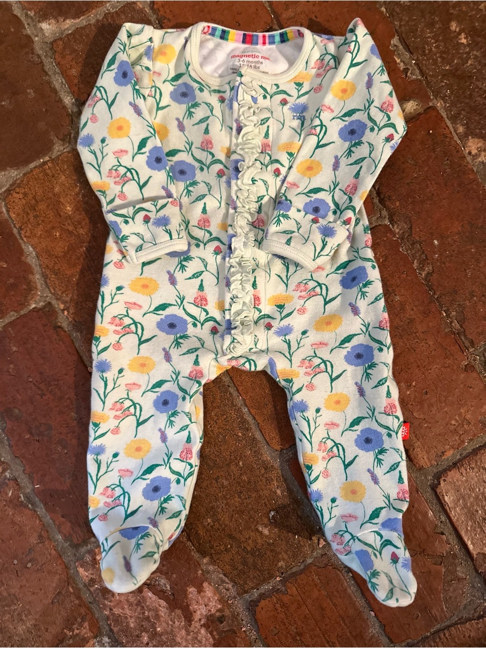 Magnetic Me Floral Footed One-Piece in White with Blue, Yellow, Pink and Green